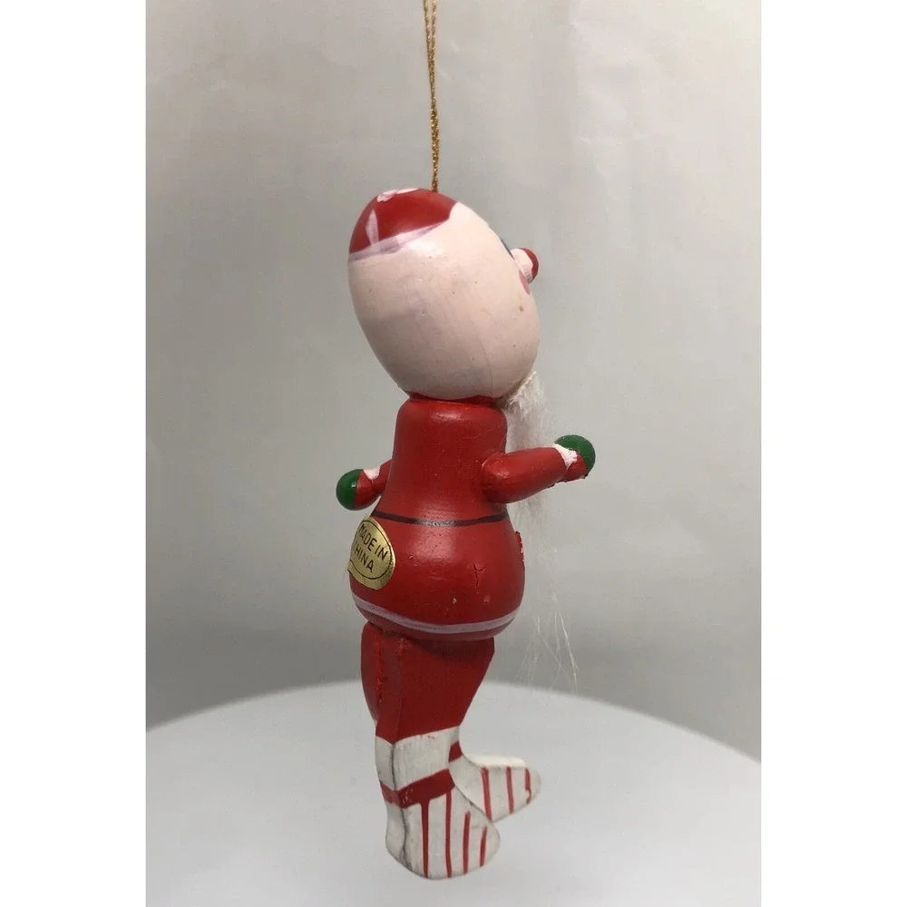 Vintage Wooden Hand Painted Christmas Ornament Santa Elf w/ Beard 4